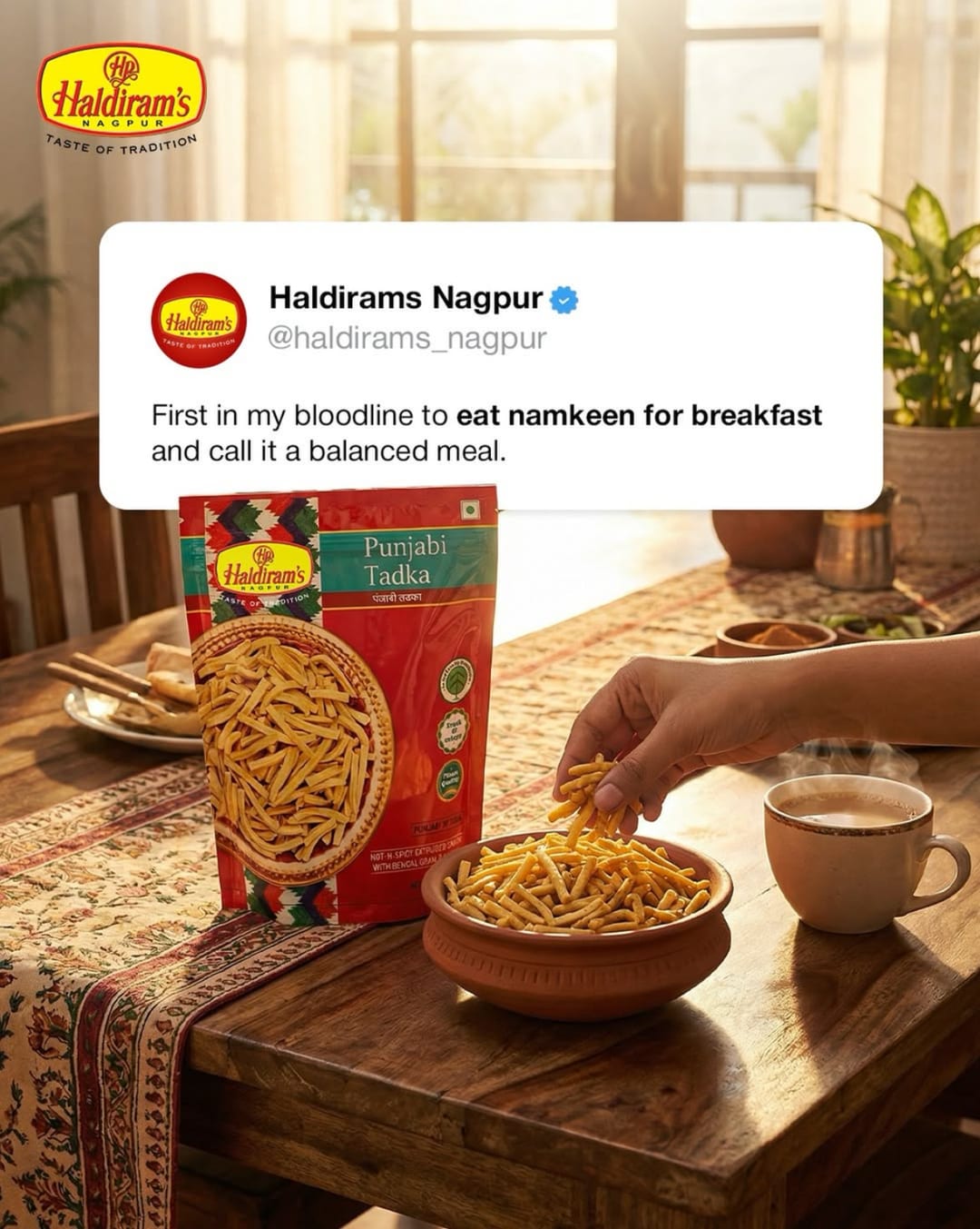 Haldiram's Nagpur namkeen for breakfast tweet-style post
