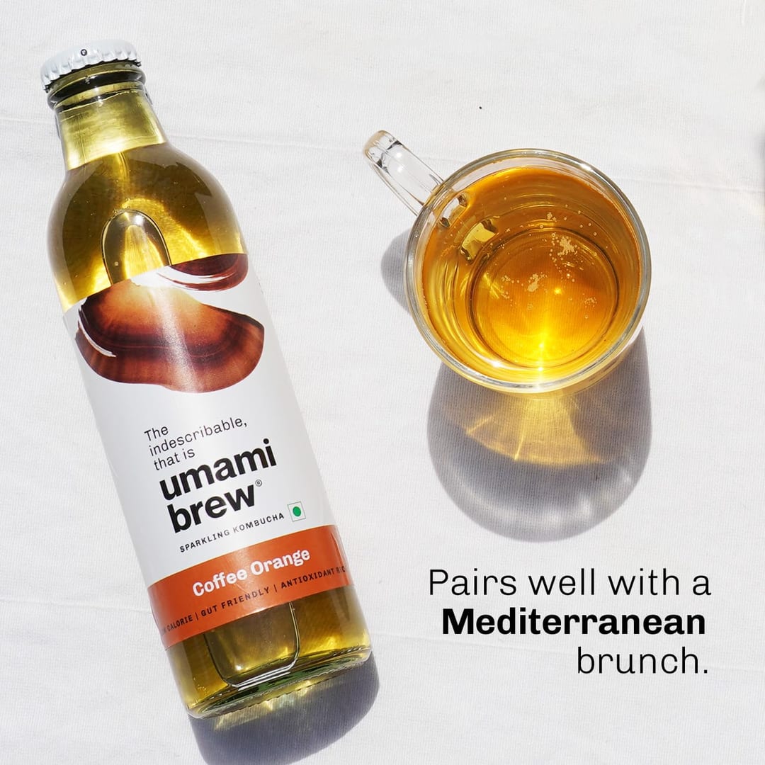 Umami Brew Coffee Orange kombucha, Mediterranean brunch pairing post